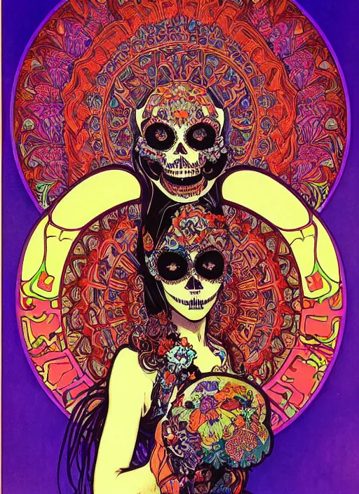 Image similar to realistic detailed psychedelic poster art of a cute punk goth fractal Día de los Muertos girl posing by Victor Moscoso Rick Griffin Alphonse Mucha Jamie Hewlett Moebius, masterpiece