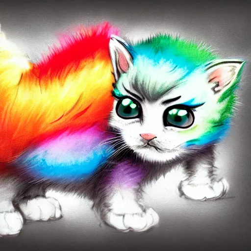 Image similar to wide angle full body, of a fluffy cute rainbow kitten wearing a black leather motorcycle jacket, concept art