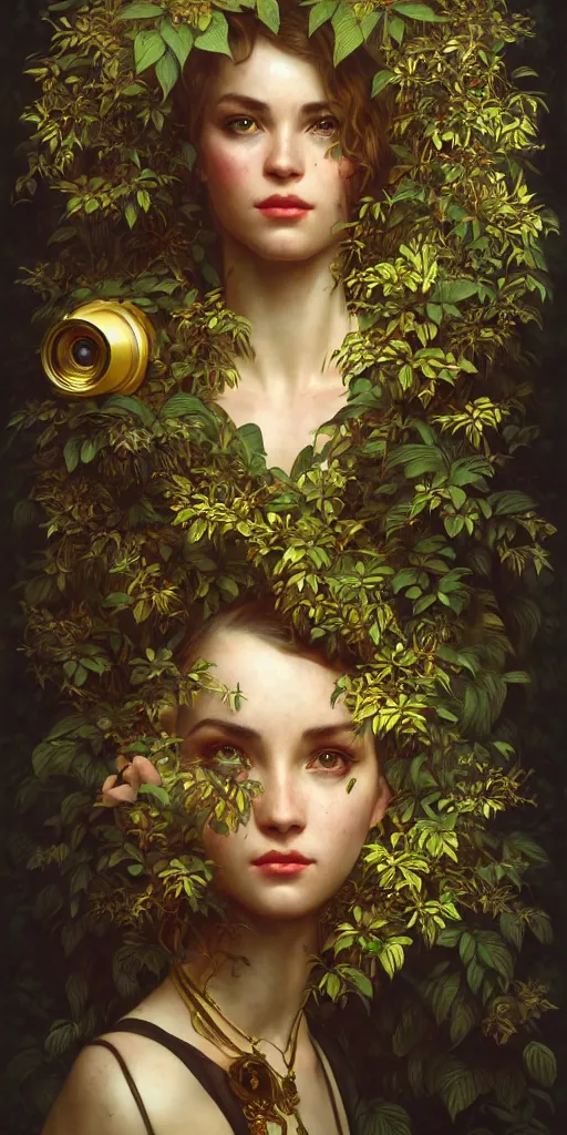 Image similar to hyper realistic photographer looking through a vintage medium format camera, design on white background, beautiful details, lush foliage cyberpunk, gold, drawn by john singer sargent, tom bagshaw, norman rockwell, alphonso mucha, lolish, trending on artstation