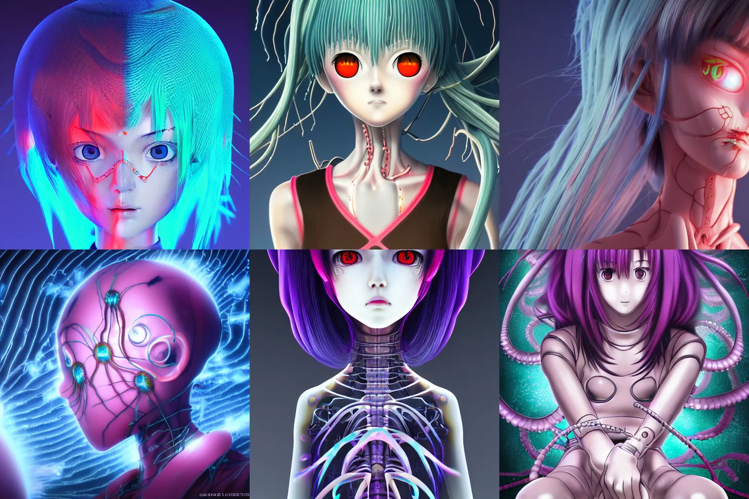 Prompt: intricate anime girl junji ito, ilya kushinov, neon genesis evangelion, jellyfish bio-mechanical bio-luminescence, octane render, trending on artstation, hyper realism, 8k, fractals, pattern
