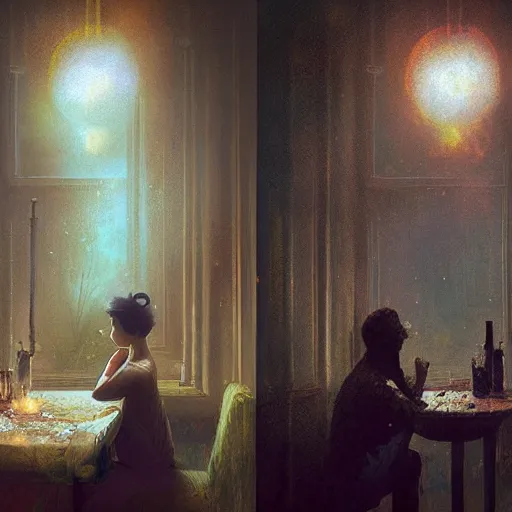 Prompt: The dinner with all of my lost ones, By Delphin Anjolras, by Ismail Inceoglu, by Emiliano Ponzi, ghosts