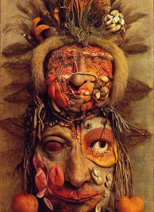 Image similar to a ((surreal)) painting of a shaman's face, by Giuseppe Arcimboldo, symbolist, soft colors, dramatic lighting, smooth, sharp focus, extremely detailed, aesthetically pleasing composition