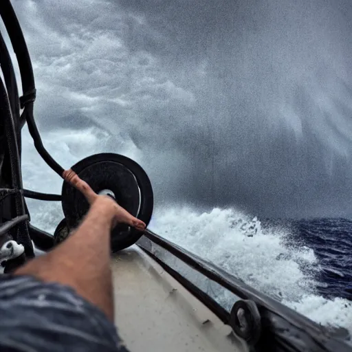 Image similar to man holding the ship's wheel during a storm at sea