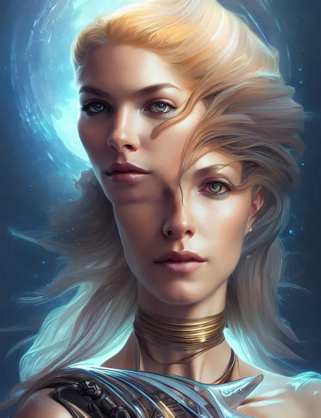 Image similar to futuristic woman portrait, sci-fi, amber eyes, face, long hair, fantasy, intricate, elegant, highly detailed, digital painting, artstation, concept art, smooth, sharp focus, illustration, art by artgerm and greg rutkowski and alphonse mucha