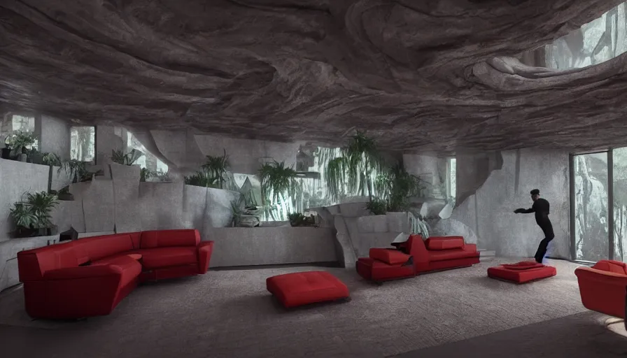 Image similar to a futuristic apartment interior in the style of a red granite cave, single black leather couch, plants, waterfall, high ceiling, dark moody lighting, foggy atmosphere, 16mm lens, by craig mullins, octane rendering