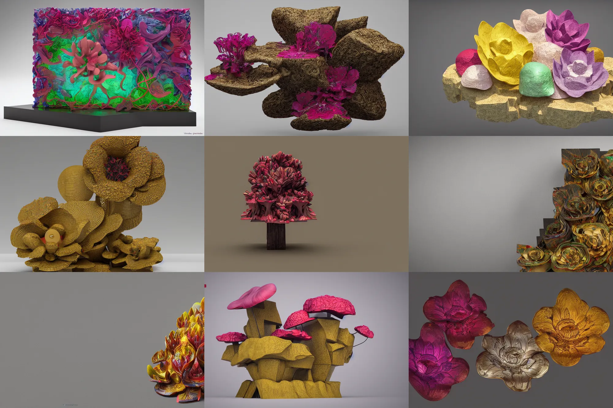 Prompt: abstract intricate 3 d model of a rectangular mixed media sculpture made of hibiscus, lotuses, connected by mushroom gills, by yellena james, surrealistic, rectangular piece of art, museum piece, volumetric lighting, 4 k, octane render, artstation, wide angle shot, bokeh