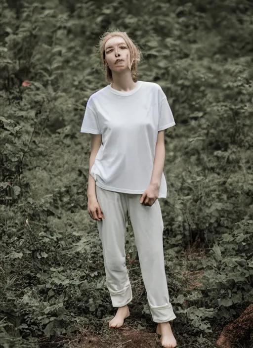 Image similar to a woman, in nature, backlit, wearing pants and a t-shirt, backlit, photo by Marat Safin, Canon EOS R3, f/1.4, ISO 200, 1/160s, 8K, RAW, unedited, symmetrical balance, in-frame