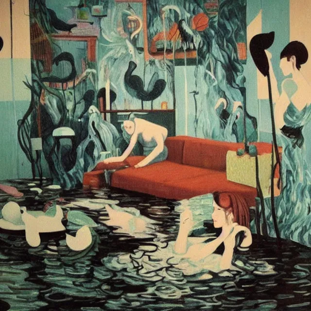 Image similar to tall female emo artists in their flooded apartment, painting of flood waters inside an artist's home, a river flooding indoors, pomegranates, pigs, ikebana, zen, water, octopus, river, rapids, waterfall, black swans, canoe, berries, acrylic on canvas, surrealist, by magritte and monet