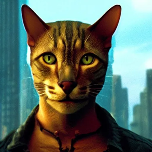 Image similar to film still of an anthro cat as robert neville in I am legend (2007), film grain, realistic, 4k, hd