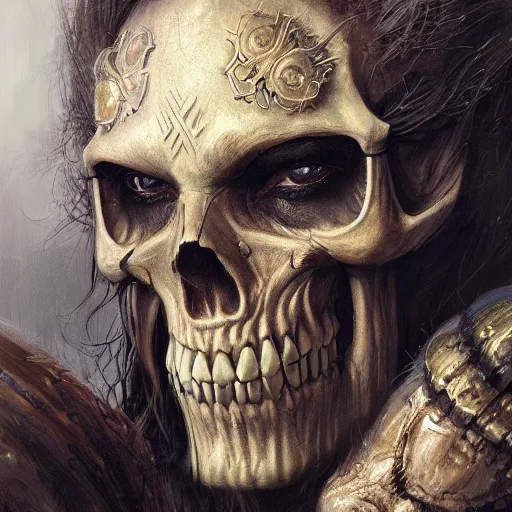 Image similar to realistic d & d fantasy character wearing a skull mask, closeup portrait art by donato giancola and greg rutkowski, vintage retro, realistic face, digital art, trending on artstation, symmetry!!