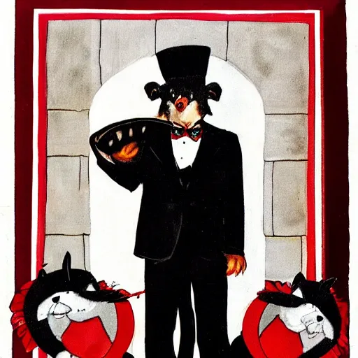 Image similar to badger wearing black tuxedo, red tie and a black tophat with a white stripe