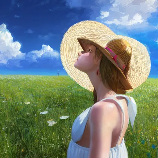 Prompt: girl in a white dress wearing sun straw hat looking at the bright blue sky with white sunny clouds digital art, highly detailed, intricate, by greg rutkowski, 8 k