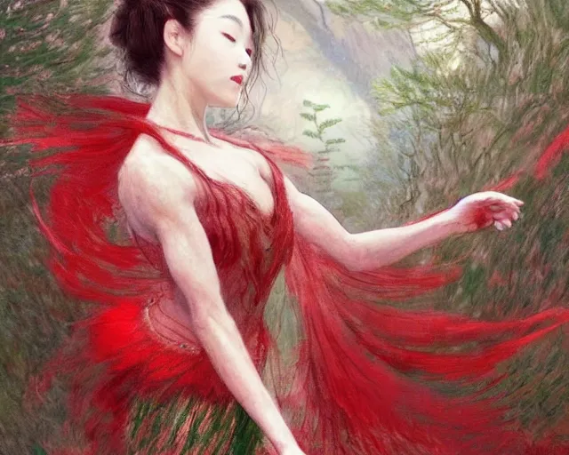 Prompt: a gorgeous prima ballerina japanese art with a red scarf, medium long brown hair, green eyes, is looking at a bird, ethereal, horror, fantasy art by greg rutkowski and magali villeneuve and claude monet