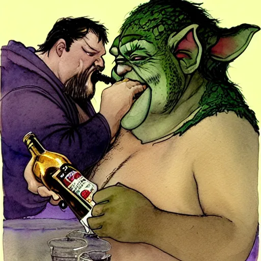 Image similar to a realistic and atmospheric watercolour fantasy character concept art portrait of a fat sleazy homeless yoda wearing a wife beater drinking out of a broken bottle, by rebecca guay, michael kaluta, charles vess and jean moebius giraud