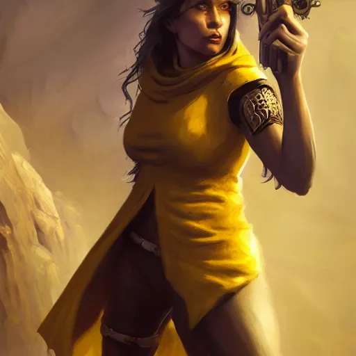 Prompt: a female Kender wearing a yellow jacked aiming her hoopak towards the viewer, oil painting, insanely detailed, Larry Elmore, Greg Rutkowski, Charlie Bowater, Fantasy Art, Dungeons and Dragons, Dragonlance Illustration, unreal 5, DAZ, hyperrealistic, octane render, RPG portrait, dynamic lighting, fantasy art, beautiful face