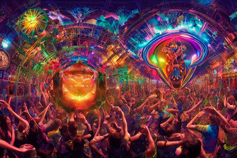 Prompt: rave dance party by artgerm, steve argyle, ernst haeckel, david a. hardy, oyama kojima, phil koch, annie leibovitz, benoit mandelbrot, dan mumford, bruce pennington, mimmo rotella