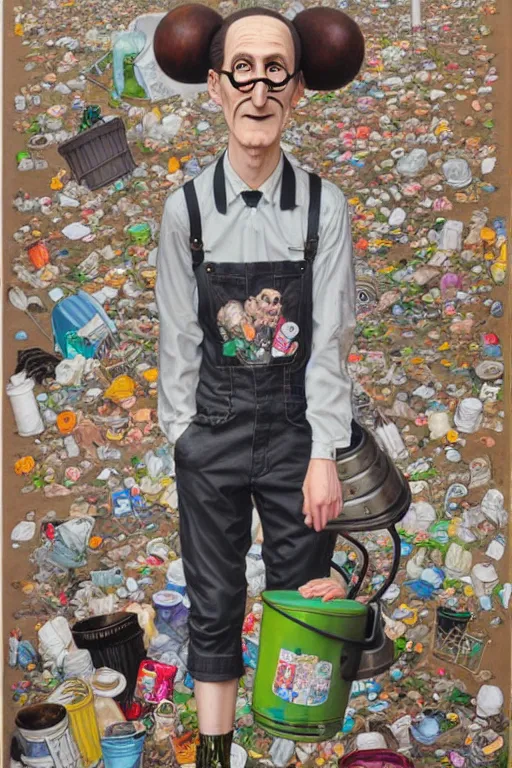 Image similar to full view, from a distance, of anthropomorphic trashcan who is marcel duchamp, full of trash, style of yoshii chie and hikari shimoda and martine johanna, highly detailed