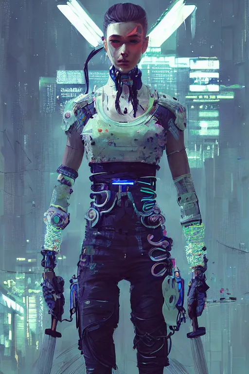 Image similar to horizon zero down, cyberpunk futuristic neon. fencing, long sword in her hand, decorated with traditional japanese ornaments by ismail inceoglu dragan bibin hans thoma greg rutkowski alexandros pyromallis nekro rene maritte illustrated, perfect face, fine details, realistic shaded, fine - face, pretty face, masterpiece