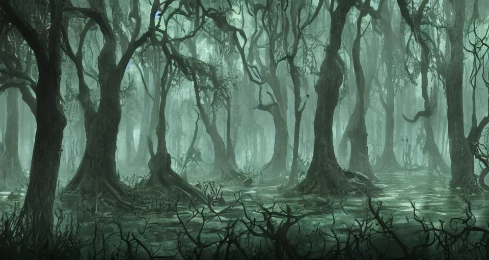 Image similar to A dense and dark enchanted forest with a swamp, from Magic the gathering