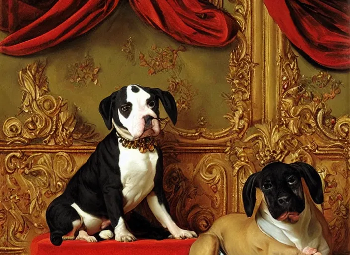 Prompt: baroque rococo painting The Fancy Royal Pitbull in the parlor portrait Greg Hildebrandt high detail cute