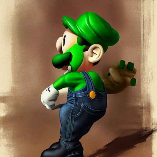 Image similar to mad lad luigi painted by wlop, artgerm