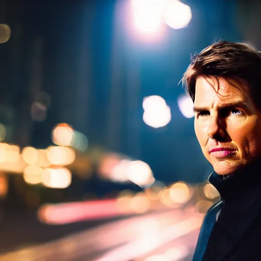 Image similar to a still of Tom Cruise. Shallow depth of field. City at night in background, lights, colors ,studio lighting, mood, 4K. Profession photography