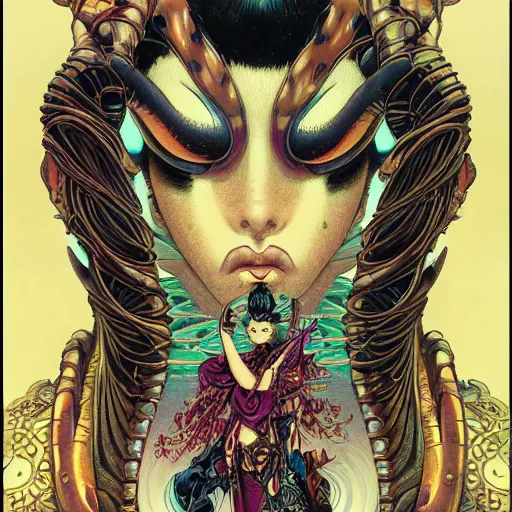 Image similar to portrait closeup of crazy genie, symmetrical, by yoichi hatakenaka, masamune shirow, josan gonzales and dan mumford, ayami kojima, takato yamamoto, barclay shaw, karol bak, yukito kishiro