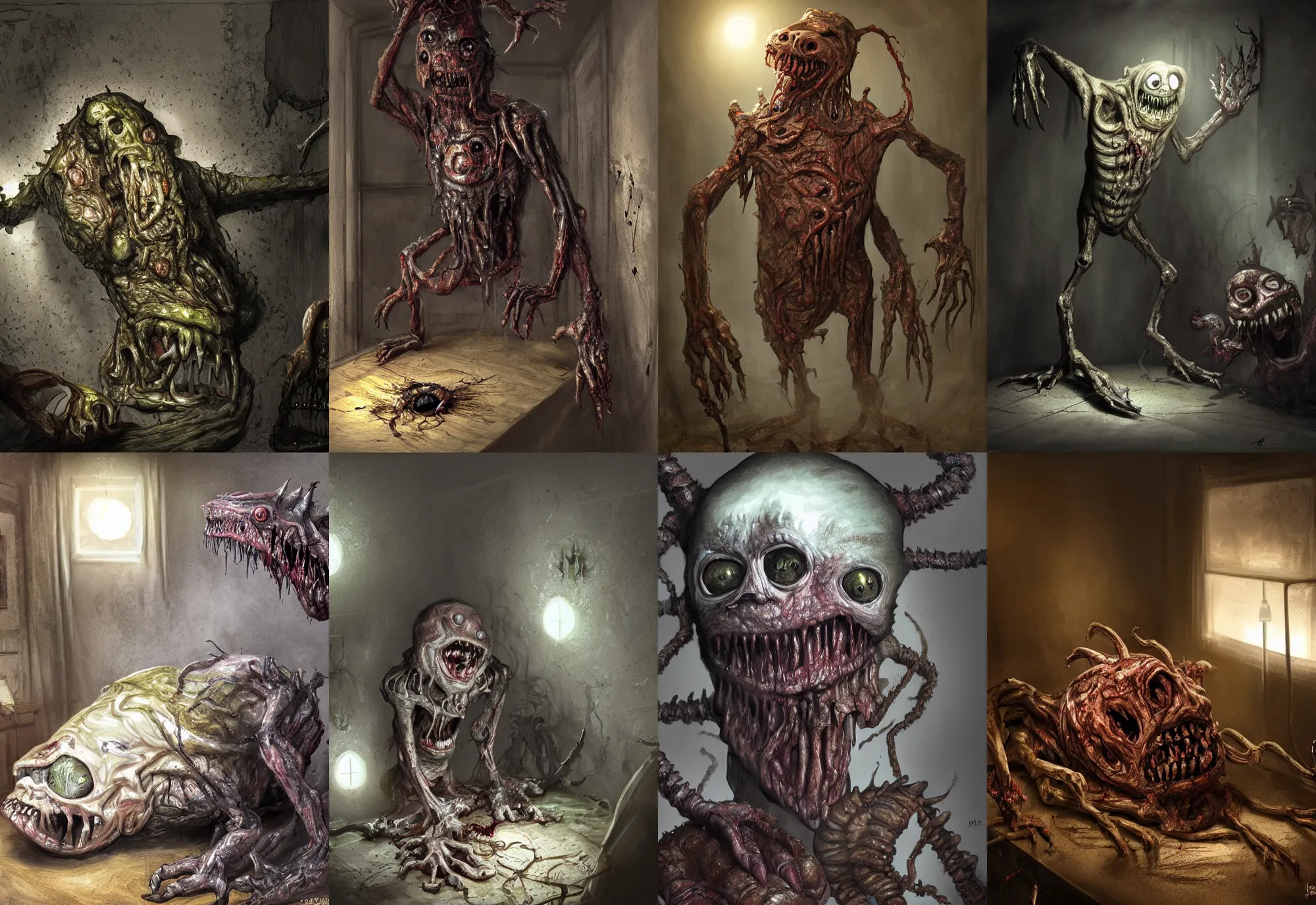 Prompt: a nightmarish slimy monster, with black eyes, rotting flesh, exposed bone, in a child's bedroom, by jerad marantz, concept art, dramatic lighting, highly detailed digital painting