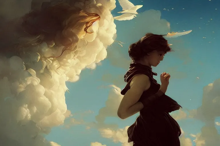 Image similar to she dreamed of flying in the clouds with ghosts of yesteryear, golden hour, mystical, smooth, sharp focus, fantasy, 85mm, DOF, art by Caravaggio, Greg rutkowski, Sachin Teng, Thomas Kindkade, Norman Rockwell, Tom Bagshaw