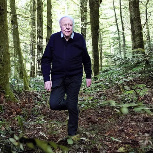 Prompt: Sir David Attenborough in the woods with Bigfoot Sasquatch