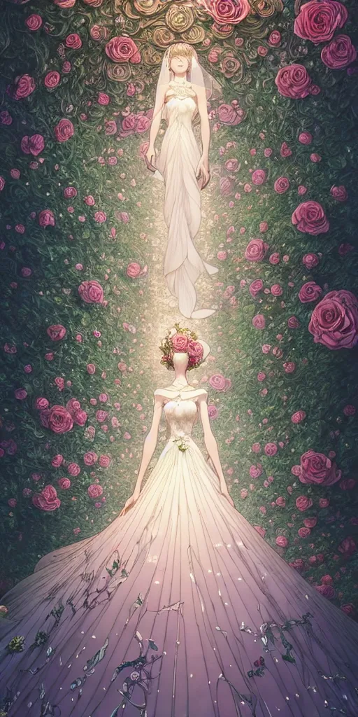 Image similar to the beautiful hyper detailed of a rose wedding dress clothing design display in the fairyland, in the style of makoto shinkai victo ngai and peter mohrbacher studio ghibli artgerm karol bak beeple, animation style, 8 k hd, dream, animation style, 3 drender, hyperdetailed