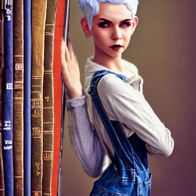 Image similar to full body pose, beautiful adult book fairy, pixar, short white hair shaved sides, dirty, grungy, grunge, long sleeve, painted overalls, stacks of giant books, highly detailed, 4 k, hdr, smooth, sharp focus, high resolution, award - winning photo, artgerm, photorealistic