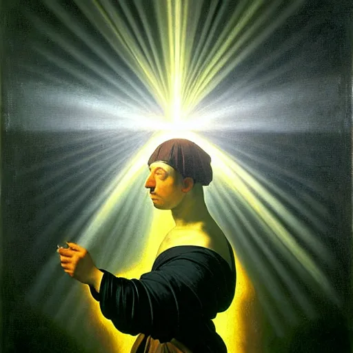 Prompt: painting portrait of a person with a bright light beam emanating rays of light and totally covering their head, matte painting, masterpiece, by Caravaggio