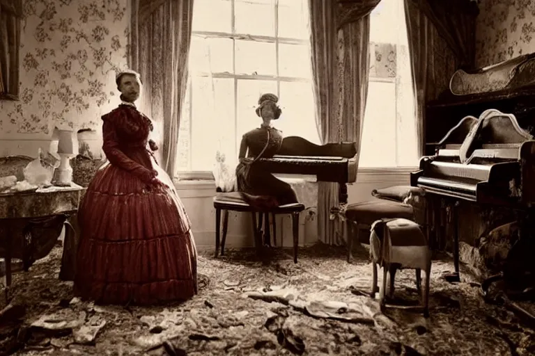 Image similar to detailed well - preserved photo of female android in beautiful victorian dress standing in decaying guest room with piano and chair