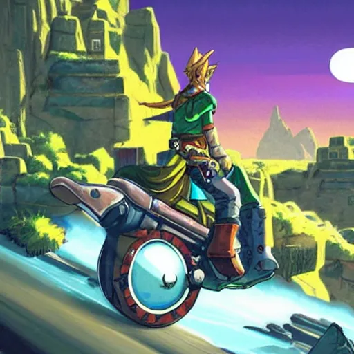 Image similar to the legend of zelda futuristic cyberpunk landscape, link rides a motor cycle under the robot moon