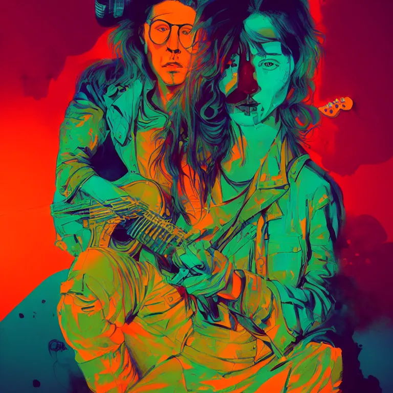 Image similar to duotone trippy 1 9 6 0 s lsd concept illustration portrait of a hippy rock musician. cinematic scene. volumetric lighting. golden ratio accidental renaissance. by sachin teng and sergey kolesov and ruan jia and heng z. graffiti art, scifi, fantasy, hyper detailed. octane render. concept art. trending on artstation.