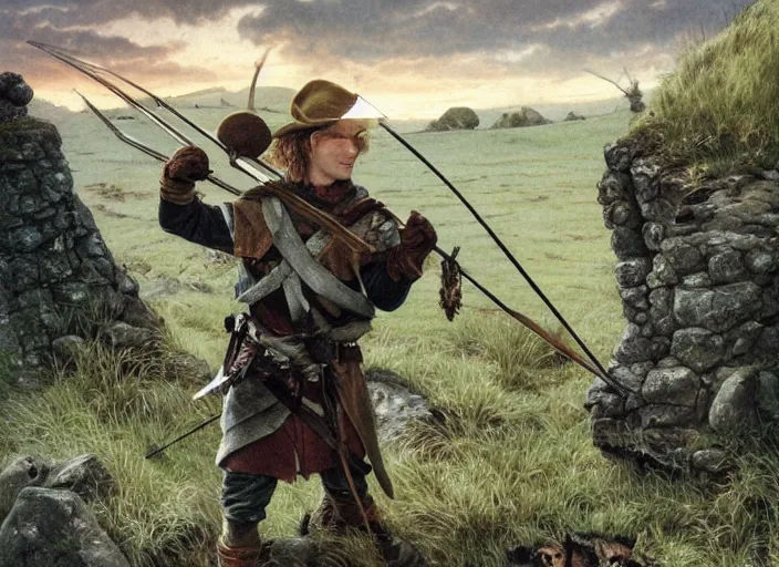 Prompt: fox - faced ranger shooting a longbow at goblins in a lord of the rings landscape, grasslands, twilight, stone ruins, highly detailed, perfect lighting, muted colors. perfect composition, 4 k, by rutkowski, brian froud, larry macdougall, jean - baptiste monge, arthur rackham, artgerm
