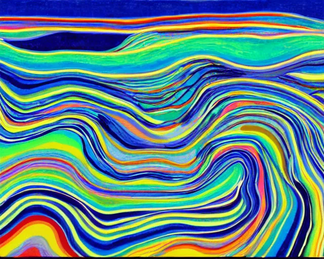 Image similar to Ocean waves in a psychedelic dream world. DMT. Curving rivers. Craggy mountains. Modernist landscape painting. Edvard Munch. David Hockney. Takashi Murakami. Minimalist.