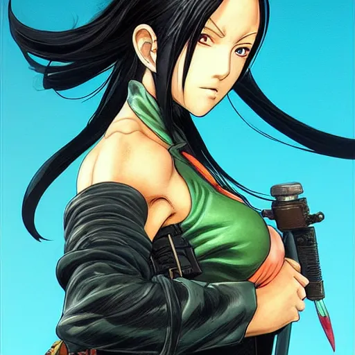 Image similar to prompt : stealthy rogue adventure character who is nico robin from one piece portrait soft light painted by james jean and katsuhiro otomo and erik jones, inspired by akira anime, smooth face feature, intricate oil painting, high detail illustration, sharp high detail, manga and anime 1 9 9 9