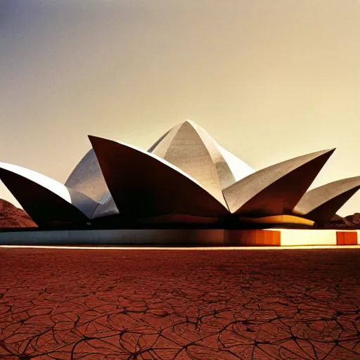 Image similar to straircase of a futuristic lotus temple with gold, red and white marble panels, in the desert, by buckminster fuller and syd mead, intricate contemporary architecture, photo journalism, photography, cinematic, national geographic photoshoot