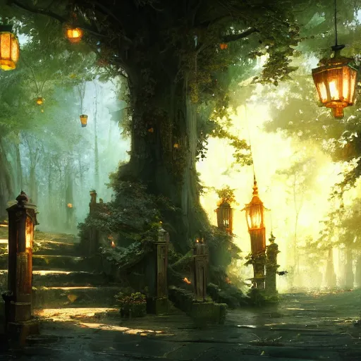 Image similar to Concept art, beautiful painting of a gingko tree, shining its light among lanterns, 8k, james gurney, greg rutkowski, john howe, artstation