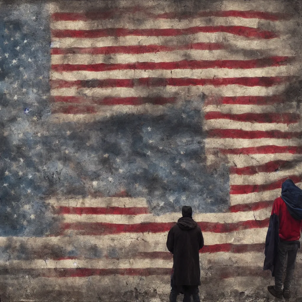 Prompt: one homeless person standing in front of and facing a giant american flag painted on an aged cement wall, photorealistic painting by sam spratt, flickr contest winner, american scene painting, dystopian art, american propaganda, associated press photo