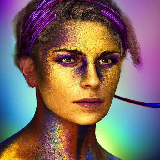 Prompt: professional portrait of a pirate with her skin painted iridescent colors. She is Swashbuckling. Digital art. 8k