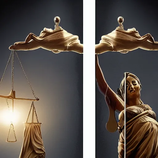 Prompt: Lady justice balancing her scale on one side high end samsung phone and on the other side a corona virus. cinematic lighting, high quality 8k hd, oil on canvas, hyperralistic art