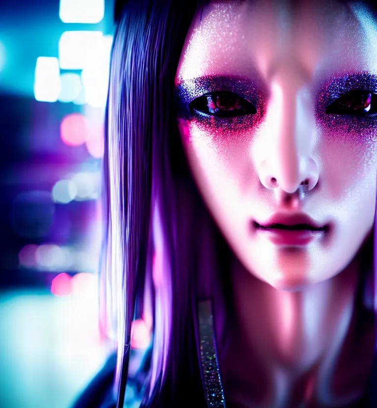 Image similar to a photo close up a cyberpunk female supermodel, shibuya prefecture, midnight, photorealistic, cinematic color, studio lighting, highly detailed, bokeh, style by tomino - sama