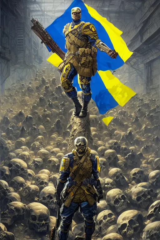 Image similar to A super soldier with a Ukrainian coat of arms and Ukrainian blue and yellow flag is standing on a pile of skulls, Call of Duty, marvel, dark, intricate, highly detailed, smooth, artstation, digital illustration by Ruan Jia and Mandy Jurgens and Artgerm and Wayne Barlowe and Greg Rutkowski and Zdislav Beksinski
