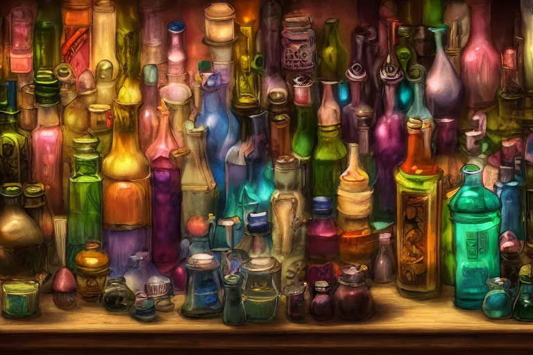 Prompt: Close-up of a potion's store, pastel painting, high fantasy, colorful, rgb, dark, beautiful, trending on artstation