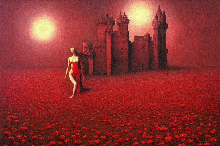 Prompt: only with red, red flowers, a red tiger, a castle in the background, medieval demons dance over the flowers, an ancient path, in the style of beksinski, part by hopper, part by rodcenko, part by hofbauer, intricate composition, red by caravaggio, insanely quality, highly detailed, masterpiece, red light, artstation