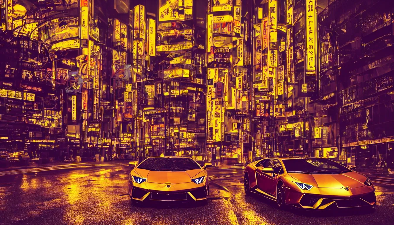 Prompt: gold lamborghini on a dark tokyo street at night with purple neon lights, raining, cinematic, HDR photo