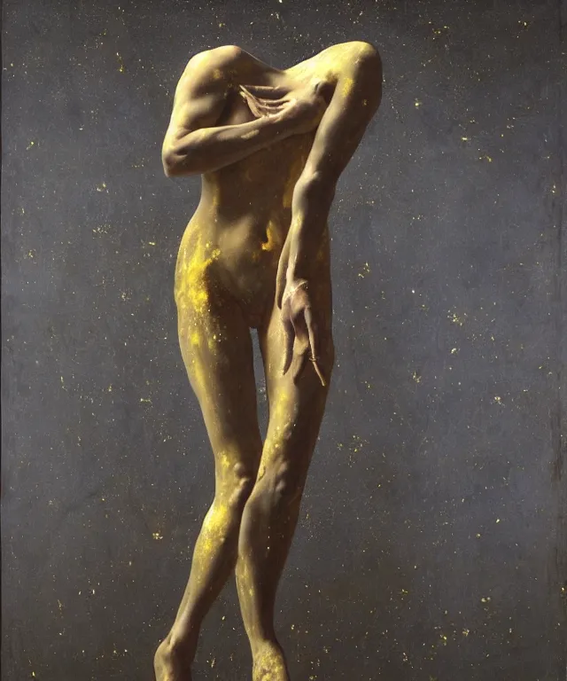 Image similar to Beautiful full-body wax sculpture of glowing transparent woman with visible gold bones covered with melted white wax inside the singularity where stars becoming baroque folds of dark matter by Michelangelo da Caravaggio, Nicola Samori, William Blake, Alex Grey and Beksinski, dramatic volumetric lighting, highly detailed oil painting, 8k, masterpiece